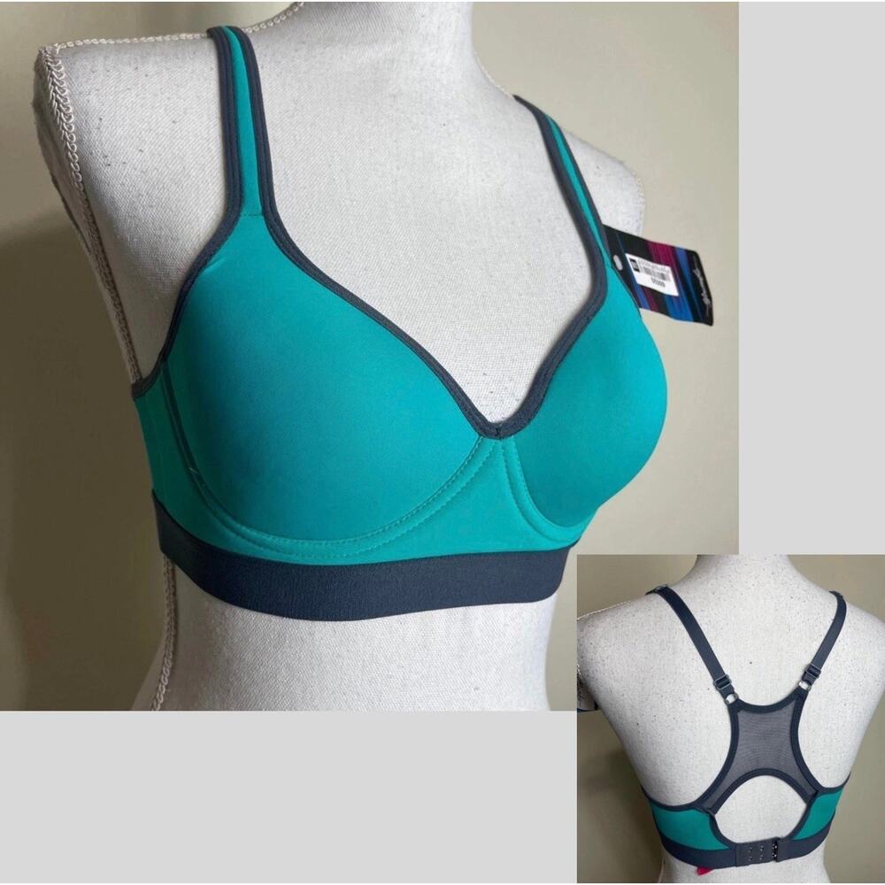 SIZE 34C Youmita Athletic Sports Bra PADDED Wireless Keyhole Racerback TEAL-GRAY